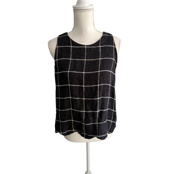 LISA MARIE FERNANDEZ Plaid Gray 100% Linen Button Detail Sleeveles Shift Top Siz - Picture 3 of 8